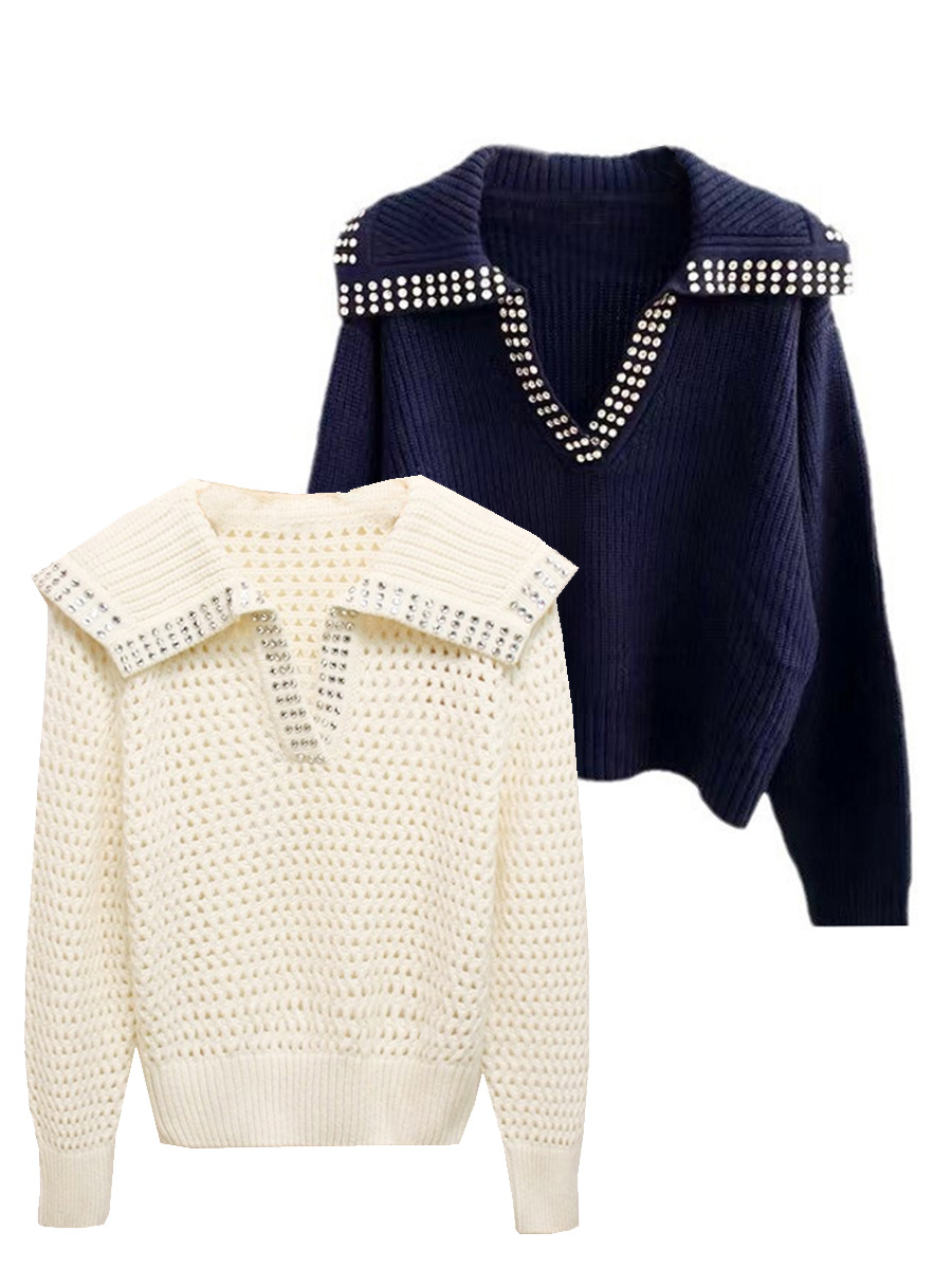 French S Home 2024 Autumn and Winter New Rhinestone Hollow Knitted Sweater Women's Young-reducing Small Loose Young-reducing Sweater
