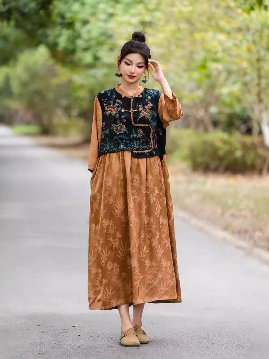 24 Years Autumn Long Sleeve dress Women's Vintage National Style Skirt Mid-length Loose Buckle Embroidered Skirt Ethnic Style