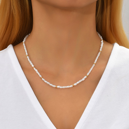 Baroque Pearl Necklace with Gold Beads, Light Luxury Small Bead Choker Necklace, European and American Cross-Border Amazon Jewelry