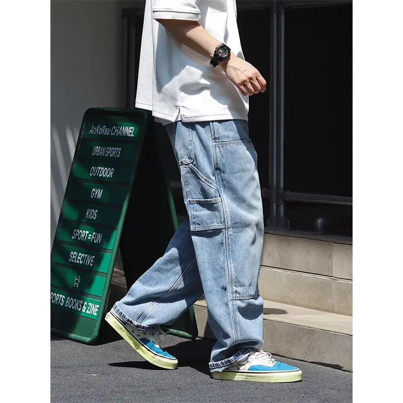 2023 New Japanese Vintage B0 Washed Loose Knee Felling cleanfit Tooling Straight Jeans for Men