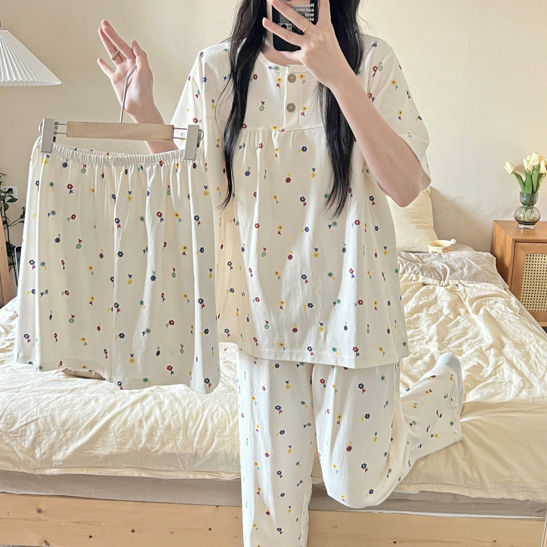 Hot New Pajamas Women's Summer Short-sleeved Shorts Cotton-like Sweet Cute Cartoon Korean Style Student Home Clothes suit