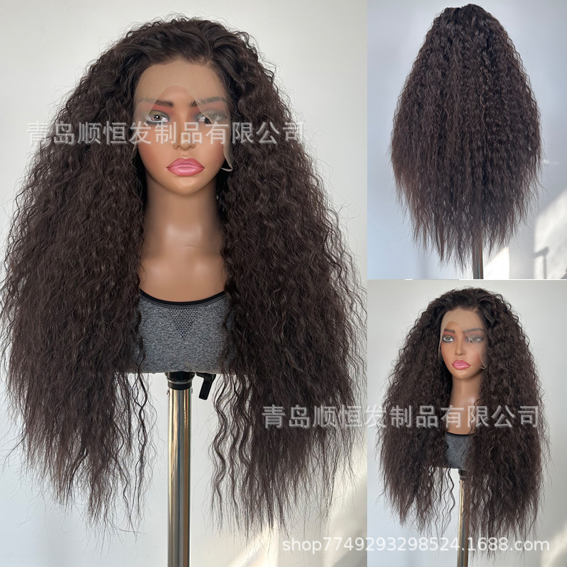 Cross-Border Synthetic Wig for European and American Women, Fluffy Corn-Curly Lace Front Hand-Tied Wig, Dark Brown Small Curly Hairpiece