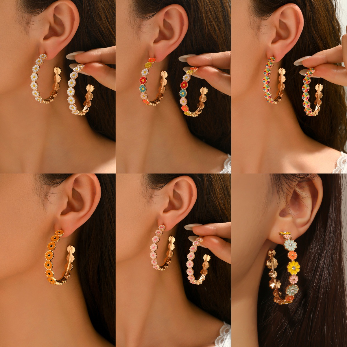 European and American popular sweet simple dripping oil craft flower c-shaped earrings fashion trend inlaid rhinestone women's earrings