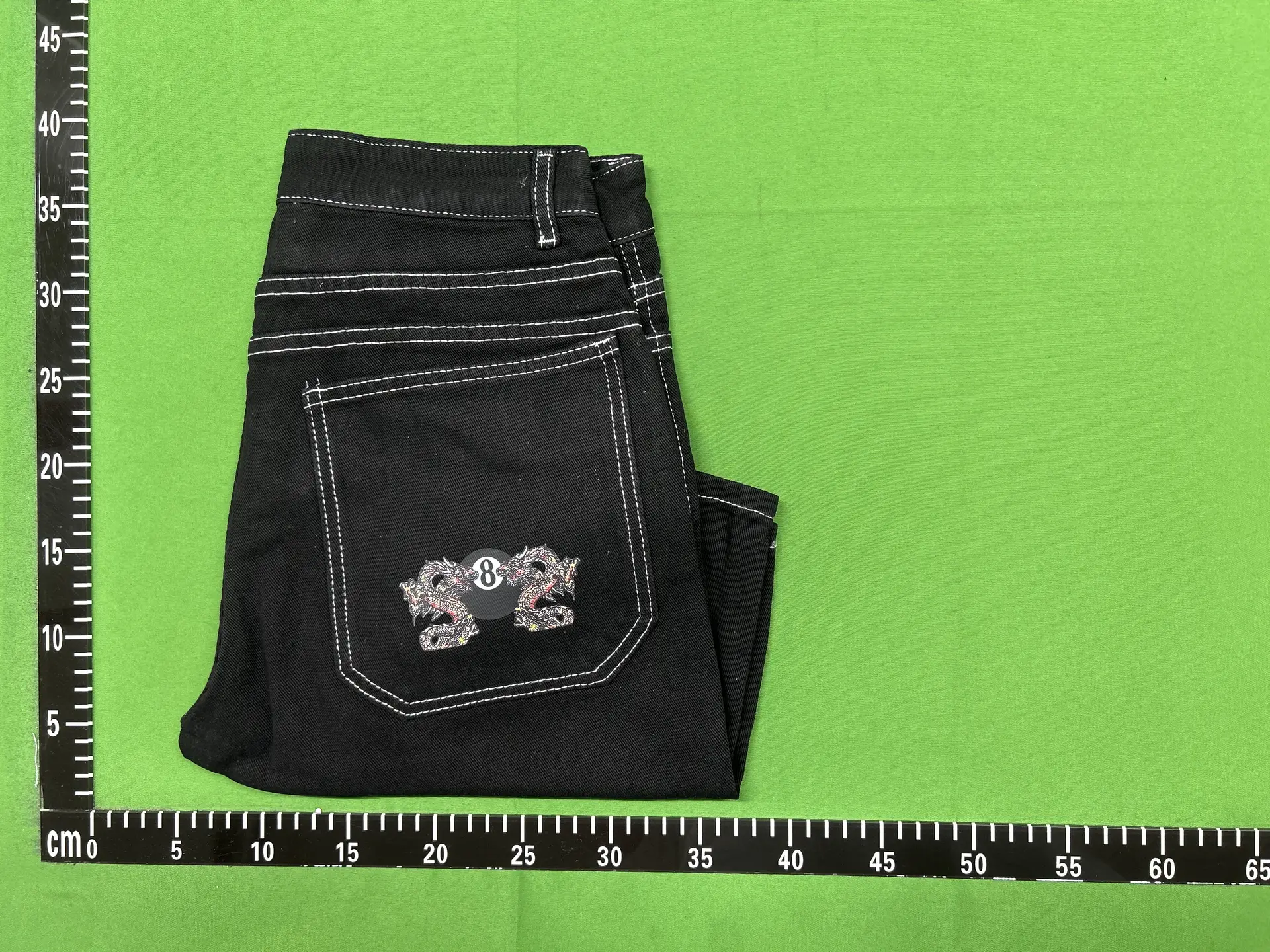 Black Jeans with Dragon and 8 Ball Embroidery