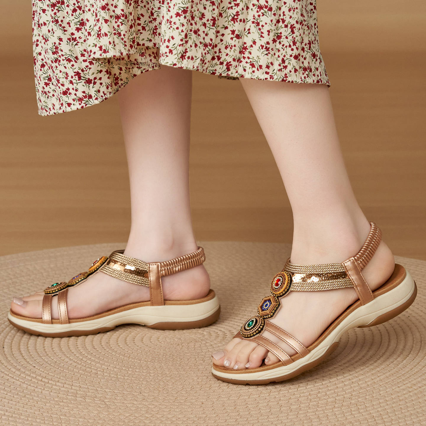 U899-1 Summer New Amazon Retro Colorful Diamond Wedge Sandals for Women with Soft Soles and Non-Slip Beach Roman Shoes