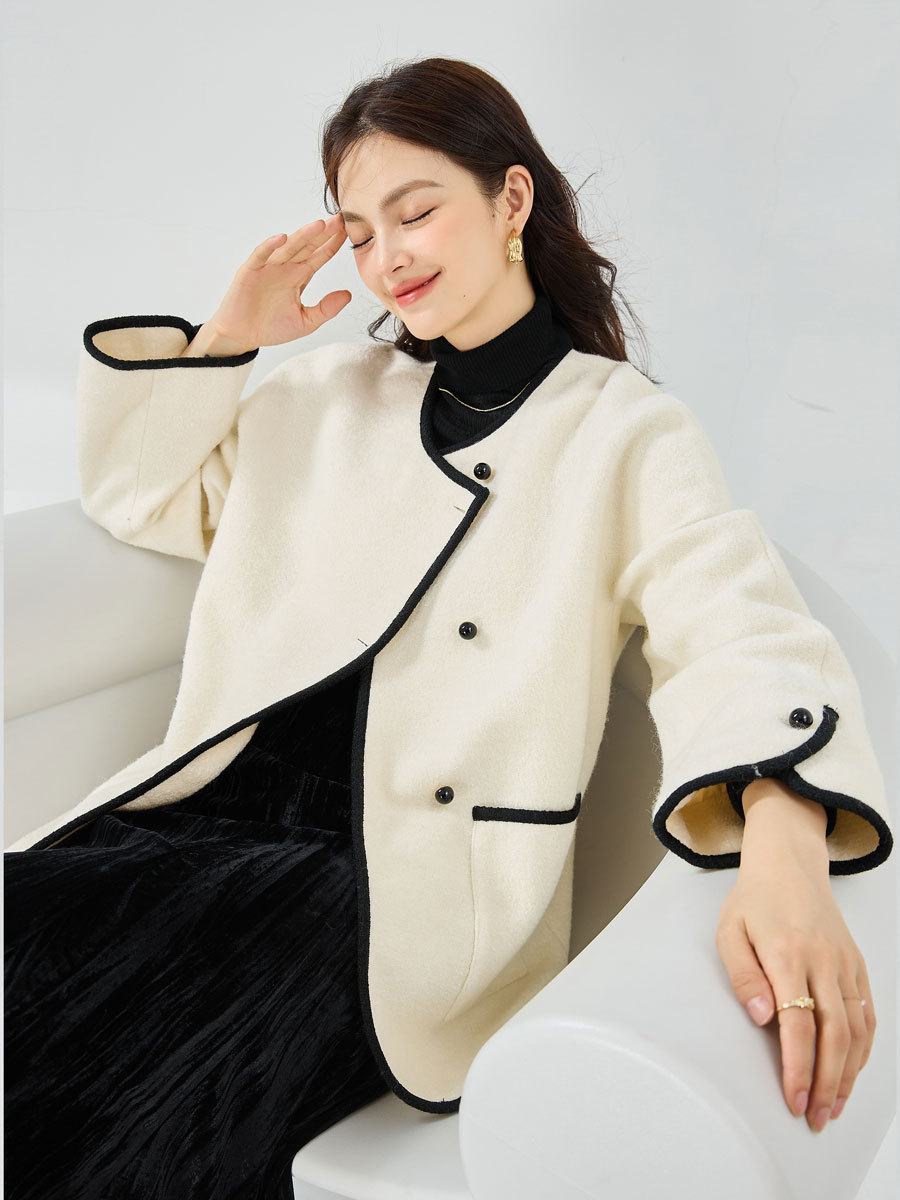 26 Spring New Elegant Wool Knit Loop Pattern Chanel Style Color-Block Trim Casual Coat 13987