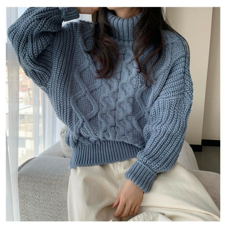 Cat-Colored Retro Turtleneck Thick-Needle Thickeneded Twist Sweater for Women Winter Loose Lazy Style Pullover Knitted Sweater