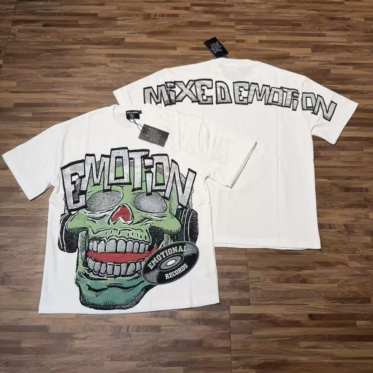 American style Mixed EMOTION green skull letter print high street loose men's and women's short sleeved couple T-shirt