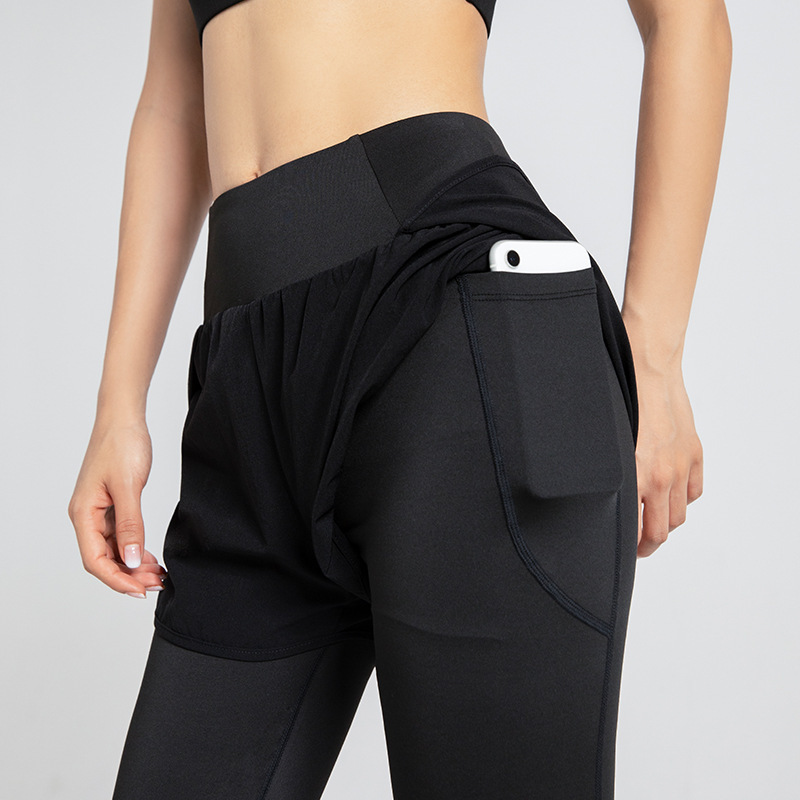 Fake Two-piece Sports Tights Spring and Autumn Running Yoga Sports Pants Stretch Quick-drying Hip Pocket Fitness Pants for Women