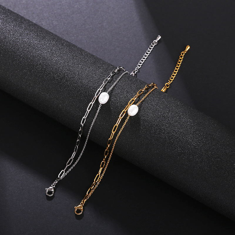 Waterproof jewelry wholesale simple fashion women's metal hollow paper clip freshwater pearl gold stainless steel bracelet