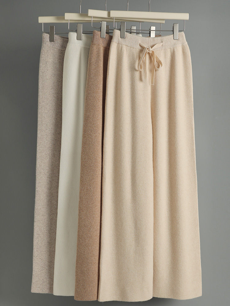 G-end Elegant Wide-leg Pants Women's Pure Wool Knitted Loose Casual All-match Soft Waxy Thickened Straight Long Pants for Outer Wear