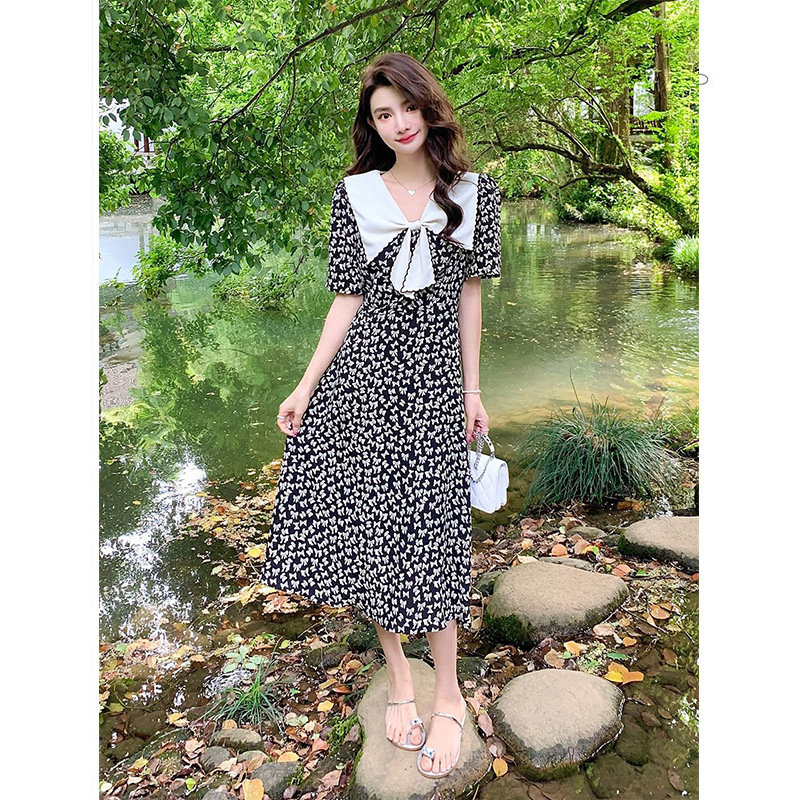 2026 Summer New Style French Bow Short-Sleeved Dress for Women, Summer Wear, Age-Reducing and Slimming A-Line Mid-Length Skirt