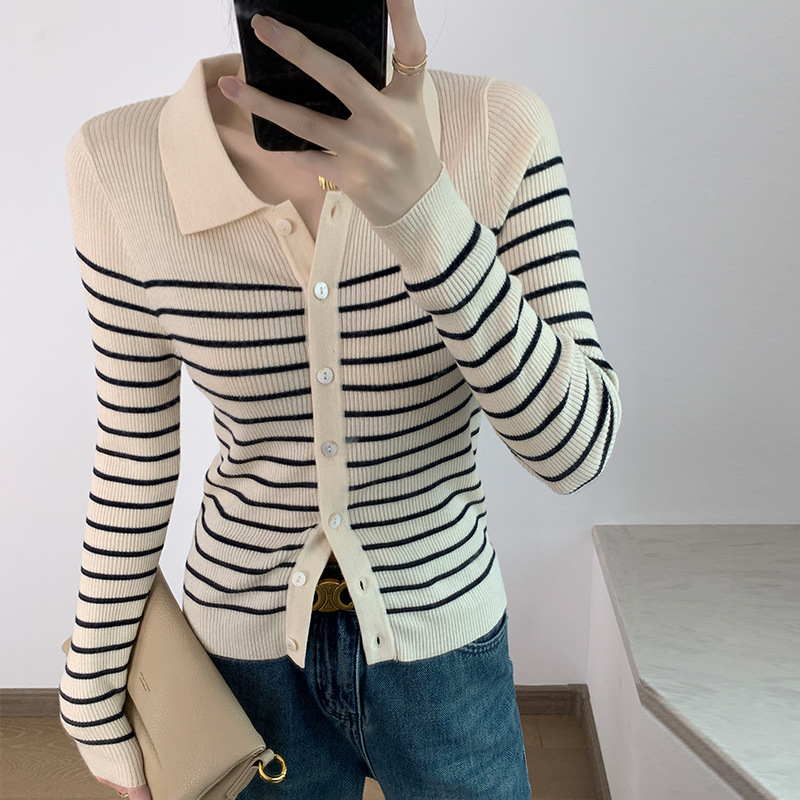 2026 New Korean-Style Polo Collar French Retro Soft Color-Blocked Striped Knit Cardigan Sweater for Women in Artistic Style