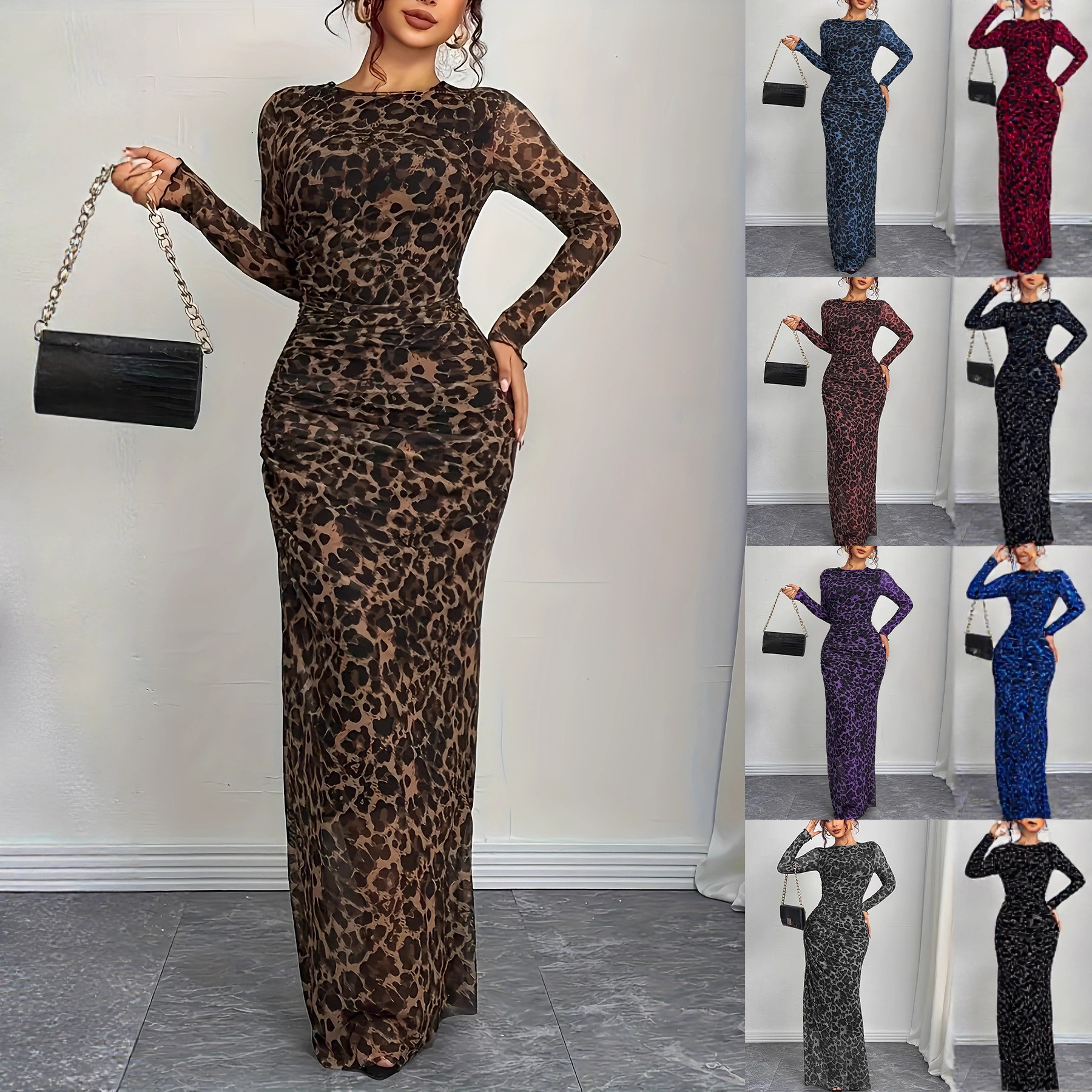 2025 Spring and Autumn New Cross-Border European and American Amazon Fashion Mesh Printed Ruched Sexy Tight Round Neck Dress