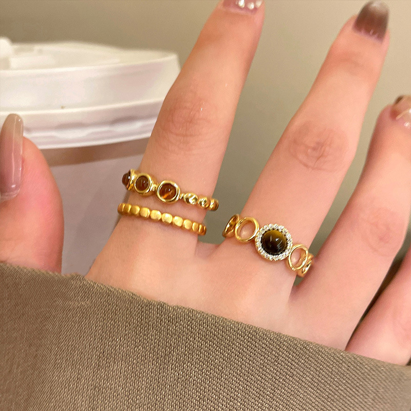 Maillard Tiger Eye Stone Gold Ring for Women, Light Luxury, High-End Feel, Stackable Index Finger Ring, Niche Design, Vintage Ring