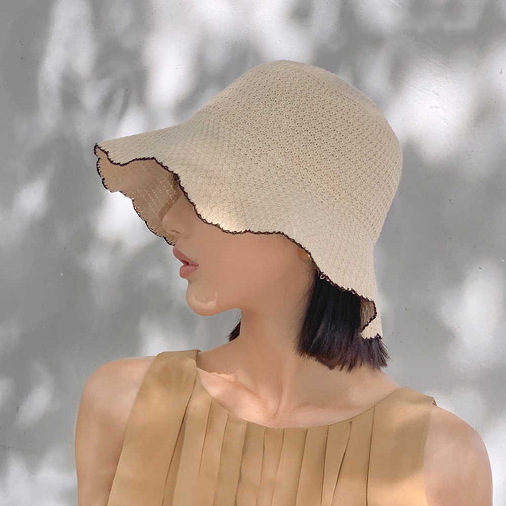 Japanese Solid Color Wavy Edge Hat Women's Summer Thin Breathable Spring and Autumn Sunshade Sunscreen Woven Cotton Fisherman Hat