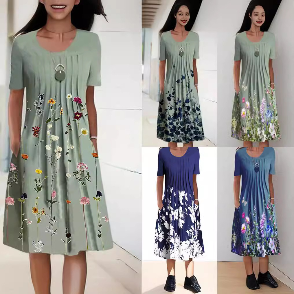 Cross-Border 2023 Amazon Independent Station Temu Spring and Summer Women's Printed Round Neck Pullover Mid-Length Dress Short Sleeves