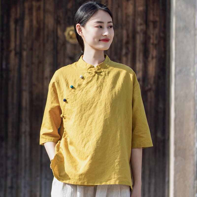 2026 Summer New Cotton and Linen Women's Clothing, Retro Stand-Up Collar, Side-Buttoned, Thin, Color-Blocked, Buttoned Short-Sleeved Top, Women's Tea Dress Shirt