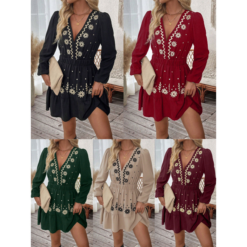 Real Shot of Foreign Trade Cross-Border 1688 Alibaba Women's Embroidered Deep V-Neck Long-Sleeve European and American Style Dress
