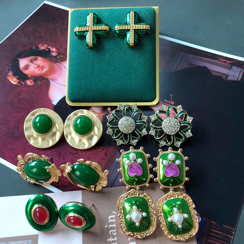 Spring 2022 New Green Flower Resin Enamel Gem Silver Pin Earrings Internet Celebrity Live ins Earrings