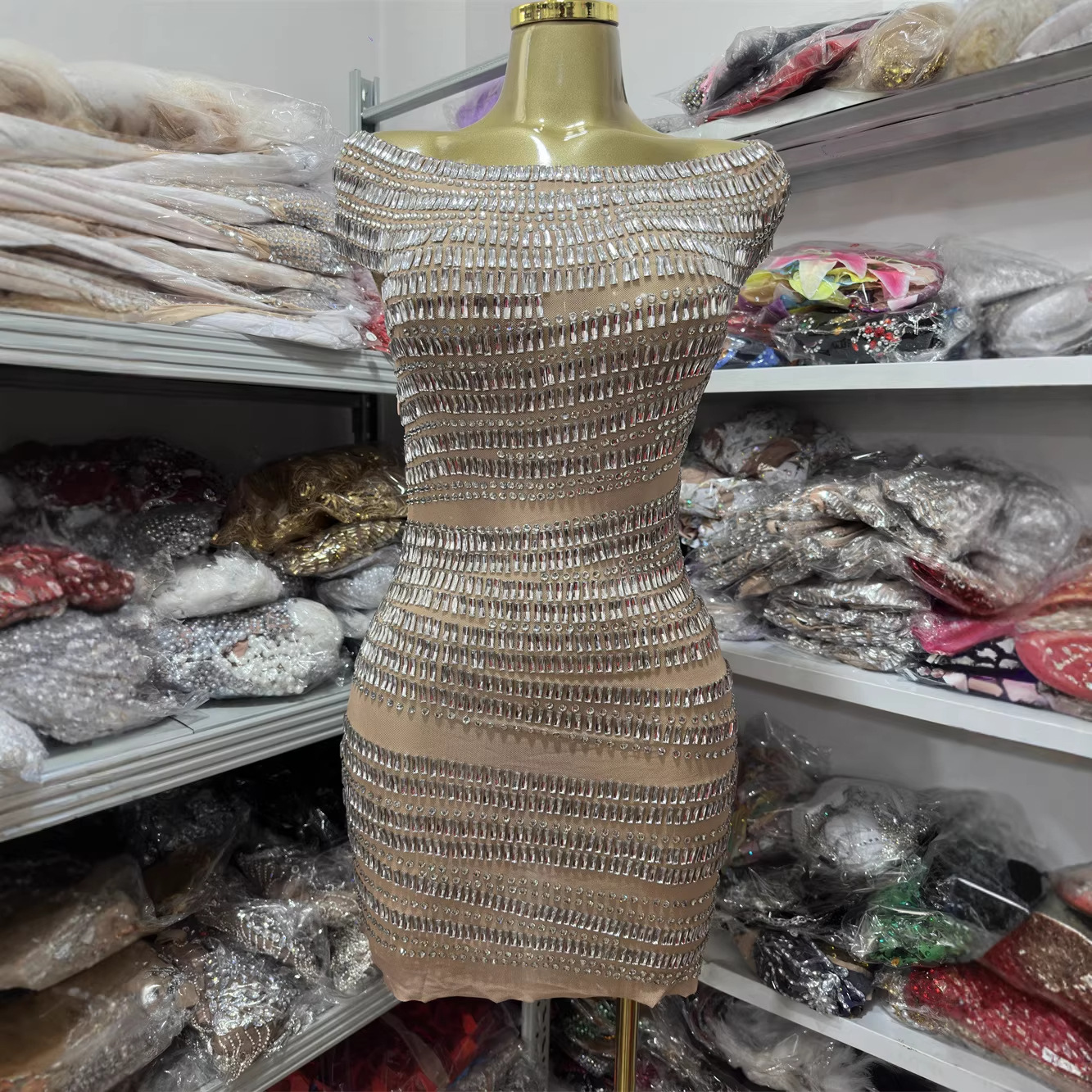 New Fashionable and Sexy Sleeveless Tube Top Casual Rhinestone-Embellished Mesh Slim-Fit Mini Party Dress for Women