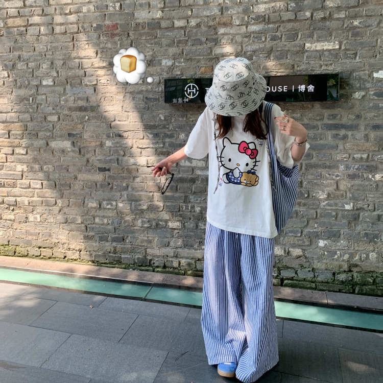 Ins Style Hello Cat T-Shirt for Women 2025 Summer New Style Cartoon Cute Cotton Versatile Loose Casual Short Sleeves