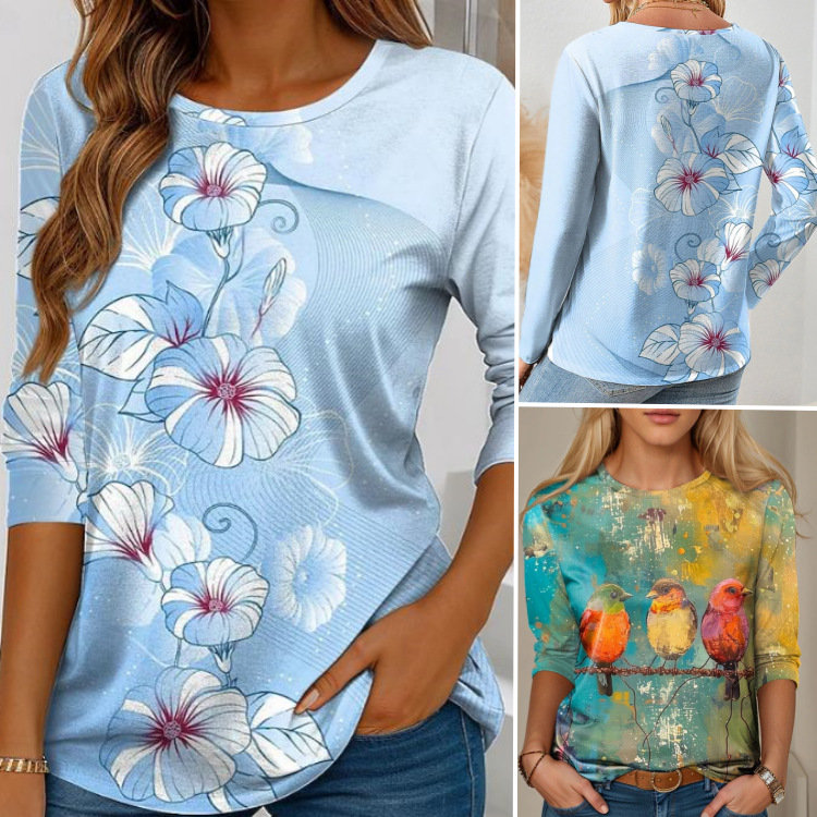 Cross-Border European and American 2025 New Autum Amazon Long-Sleeved Round Neck Casual Fashion Printed Pullover Tops for Women