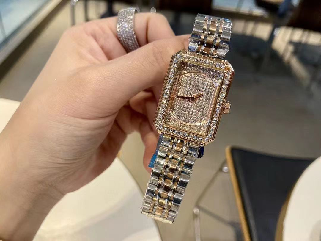 Xiaoxiangfeng Full Diamond Three-Color Steel Band Watch Full of Stars Diamond Square Ladies Watch Fashion Live Quartz Watch