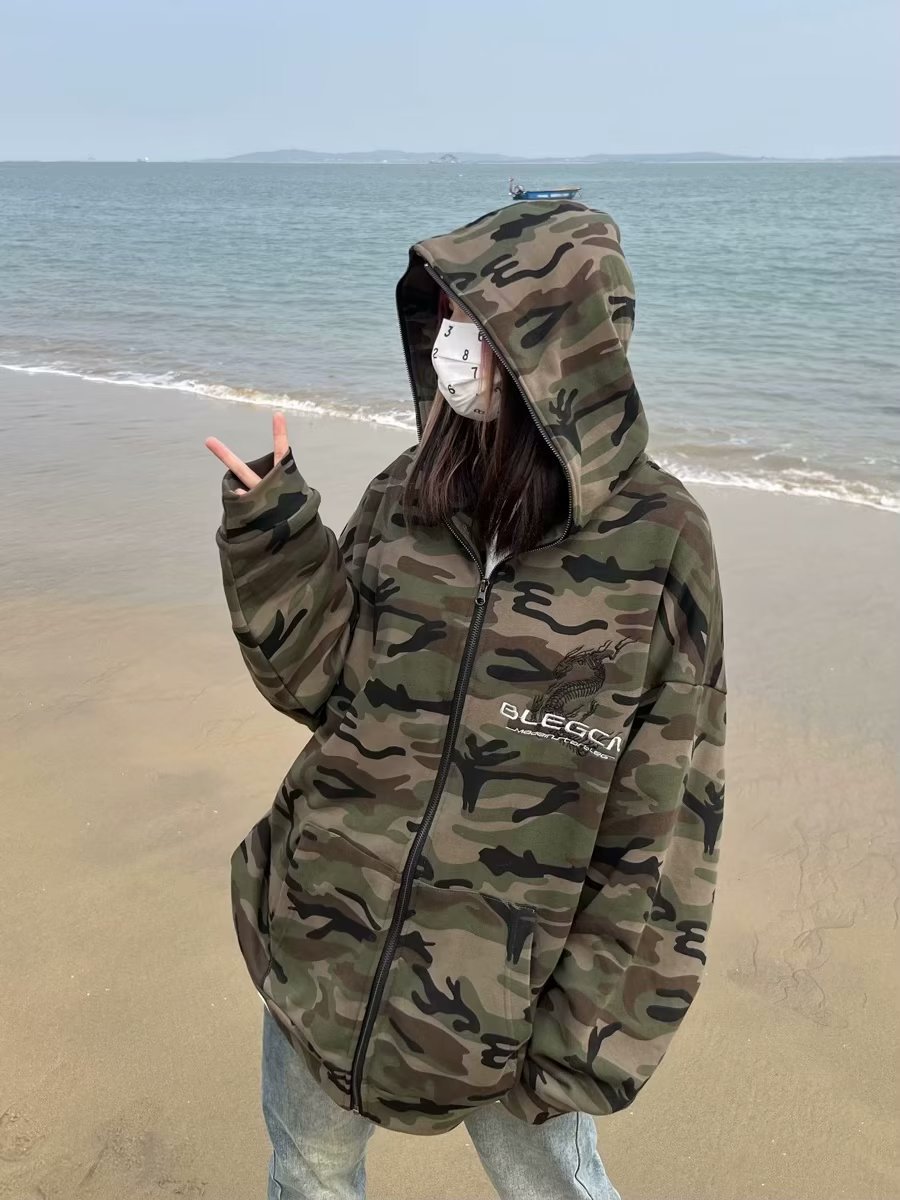 Spring and Autumn Hooded Sweatshirt American High Street Retro Camouflage Zipper Loose Trendy Casual Baseball Jacket Unisex Thin Coat
