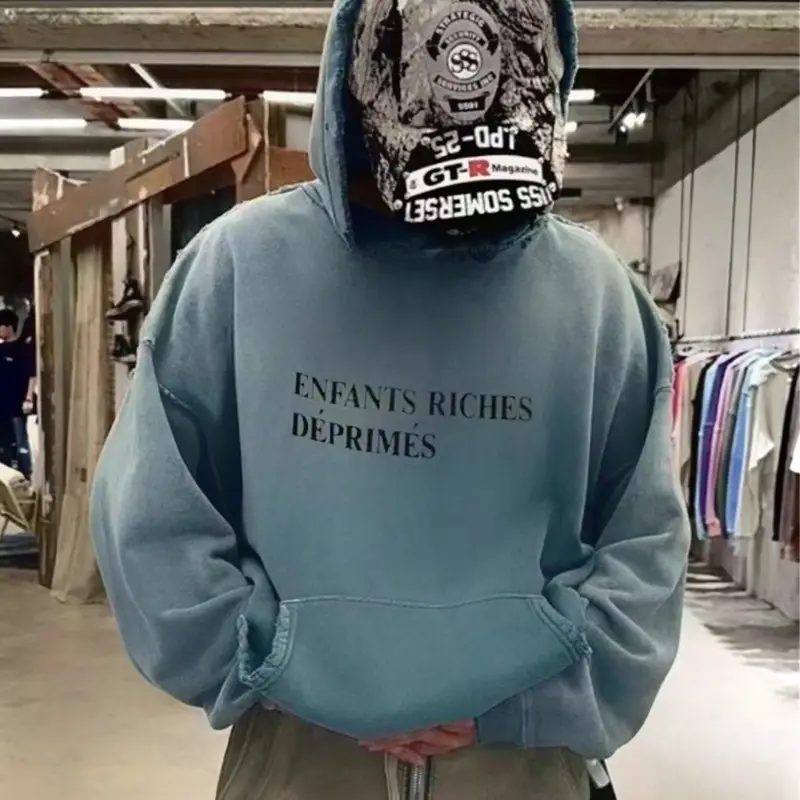 ERD Melancholy Richie Gradient washed haze blue surly hole breaking destruction loose hooded sweatshirt hoodie male