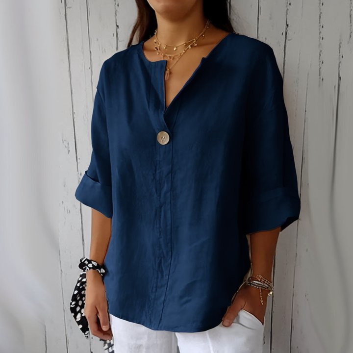 Amazon 2025 Cross-Border European and American Summer New Loose T-Shirt Comfortable and Casual V Neck Cotton and Linen Button Top for Women