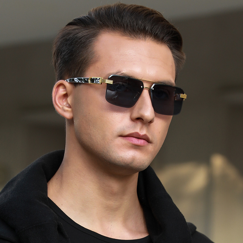 Cross Border Wood Grain Legs Men's Frameless Sunglasses Outdoor UV Protection sunglasses Double Beam Sunglasses