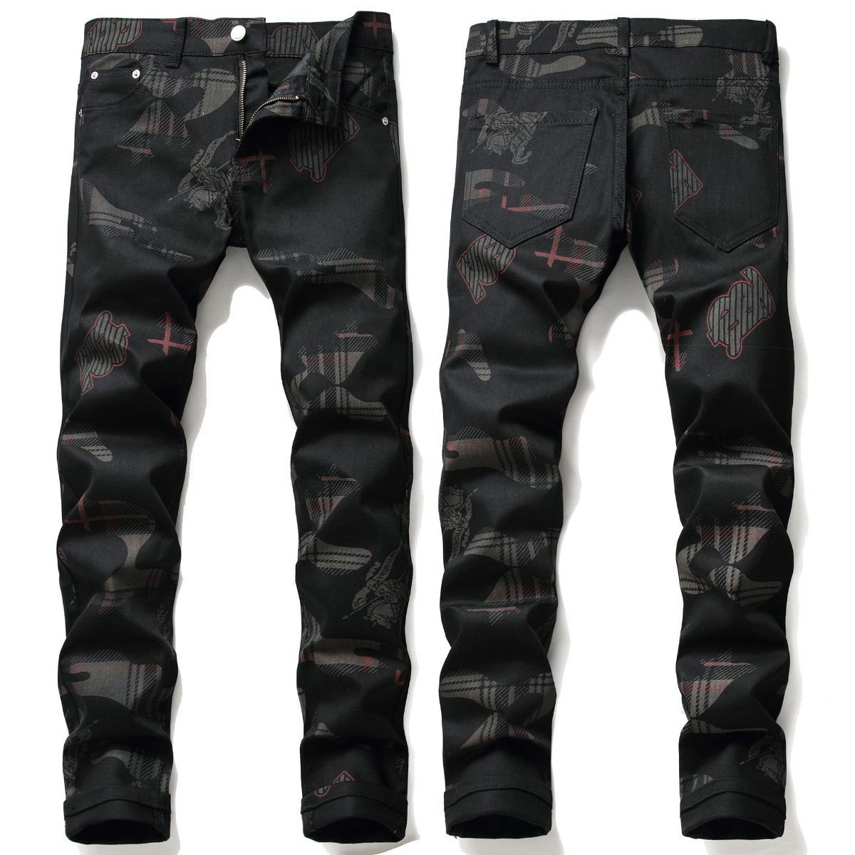 In-Stock Supply of Fashionable Design Printed Black Stretch Jeans for Men, High-End Brand, Unique Casual Trendy Long Pants