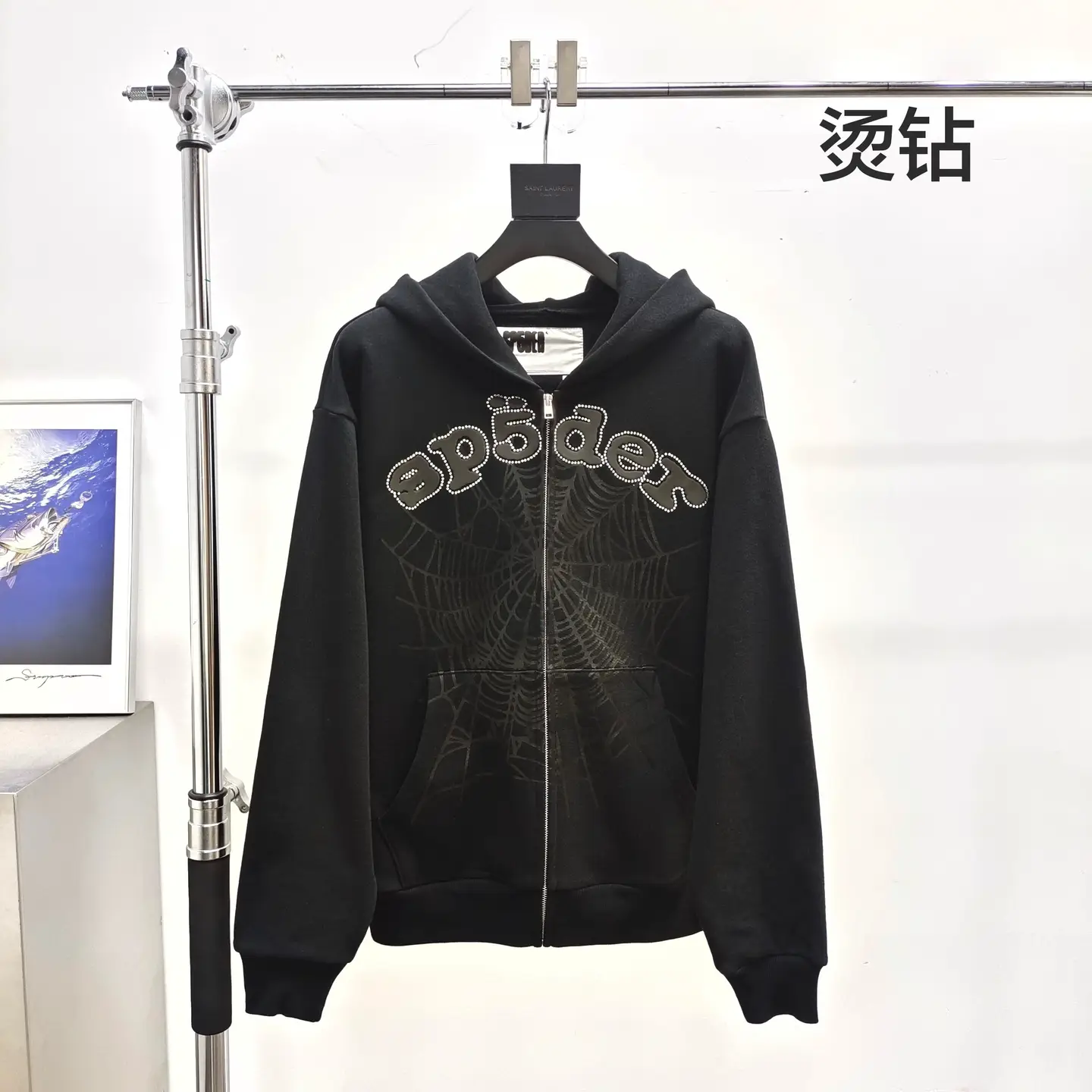 Sp5der Hot Diamond Black Word V2 Black Zipper Hoodie Hoodie