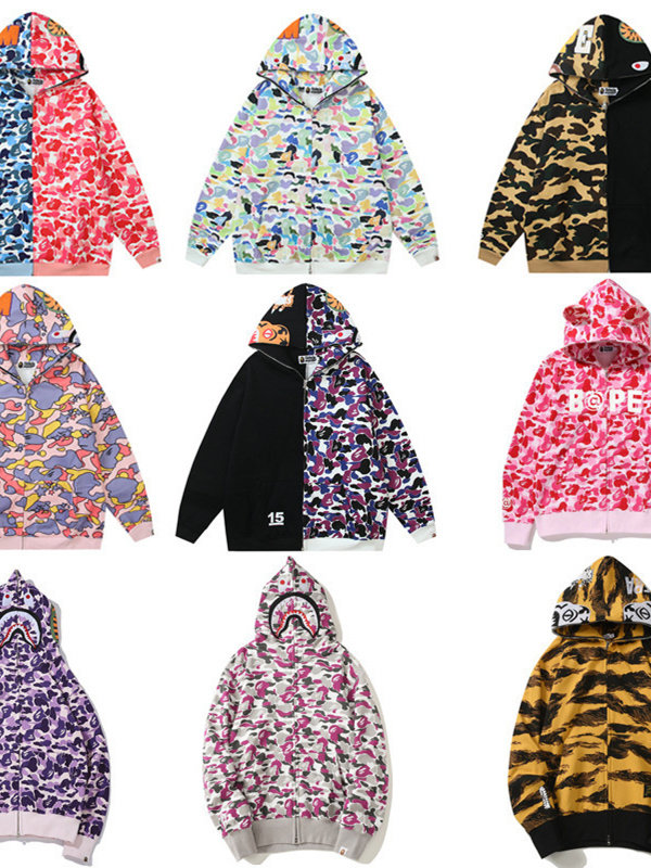 European and American Y2K New Bapee Shark Camouflage Hooded Cardigan Zipper Fleece-Lined Unisex Sweatshirt Jacket Trendy