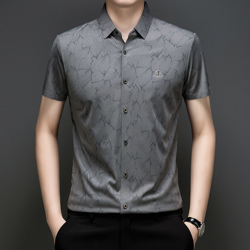 Summer Short-Sleeved Men's Shirts New Trendy Printed High-End Lapel Ice Silk Elastic Light Luxury Versatile Men's Shirts