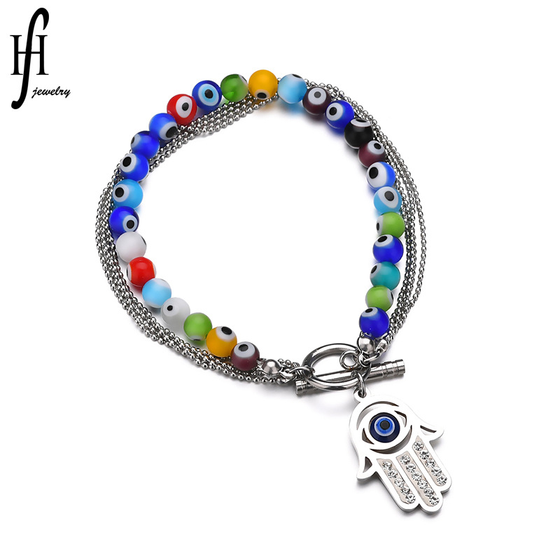 Factory direct cross-border supply retro colorful eyes Fatima multi-layer steel bead chain titanium steel ladies Bracelet