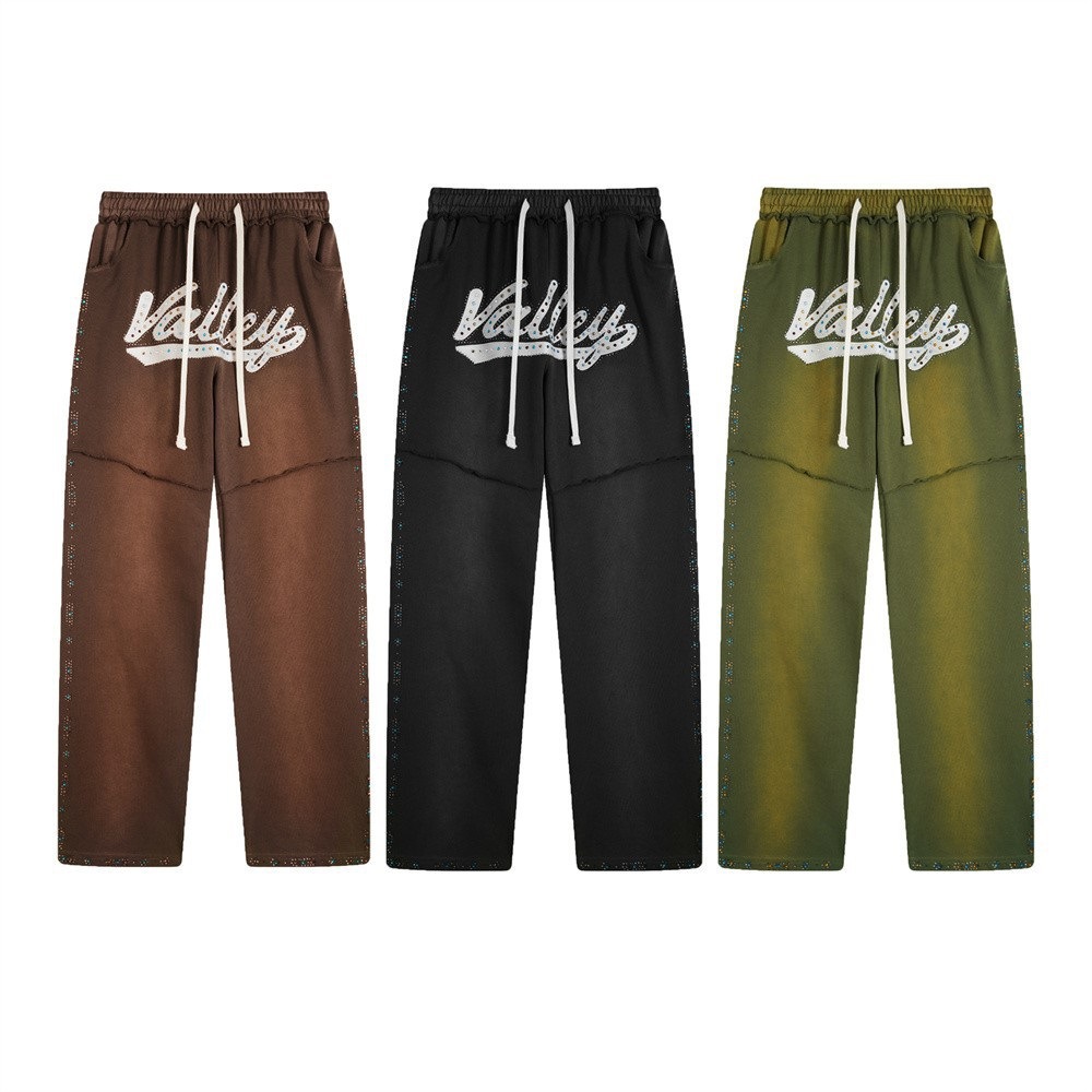 Vale Forever Embroidered Rhinestone Letter Trendy High Street Casual Streetwear Unisex Washed Vintage Pants