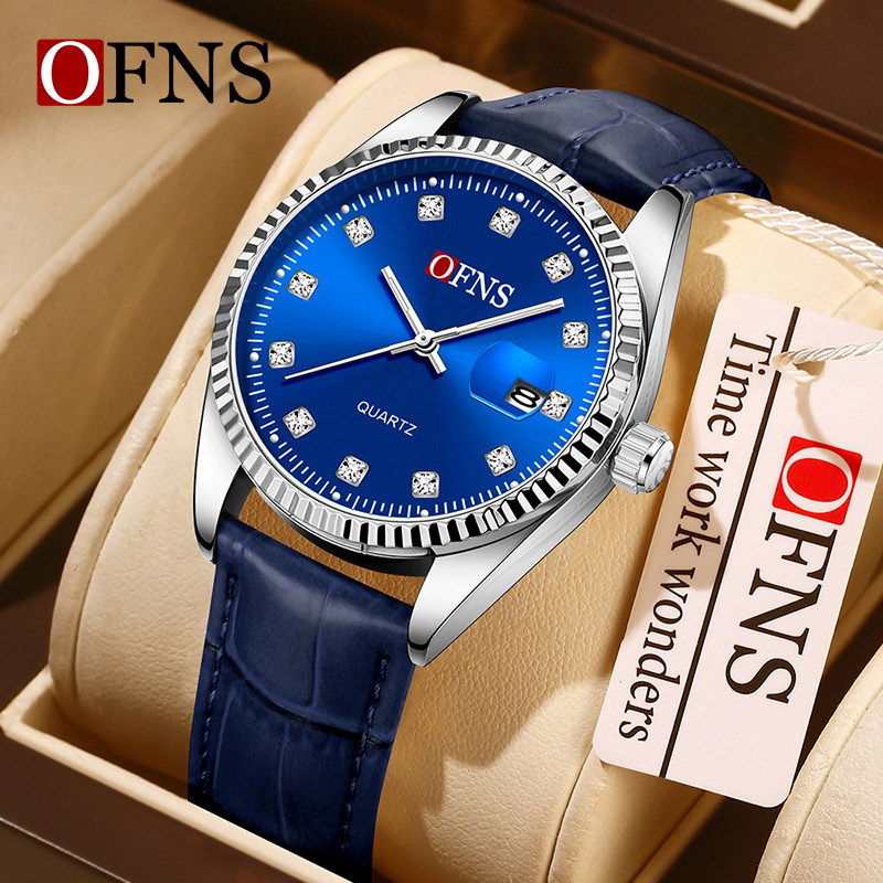 Oufani Men's Watch, Women's Cross-Border Diamond-Encrusted Business Casual Simple Quartz Watch with Leather Strap, Calendar, and Waterproof Features