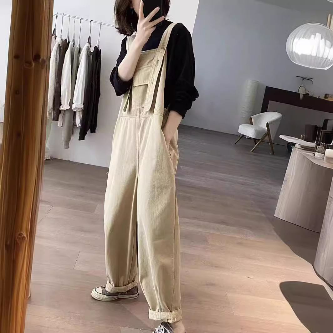 Women's cotton suspender pants Spring and Autumn New loose slimming high waist Korean style age-reducing one-piece trousers 84158