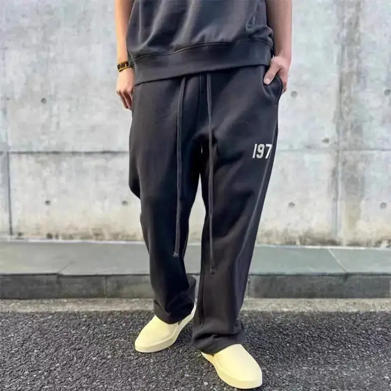 Essentials 1977 Flocking Sweatpants Autumn and Winter Straight High Street Loose Trendy Men's and Women's Long Pants Fog Line