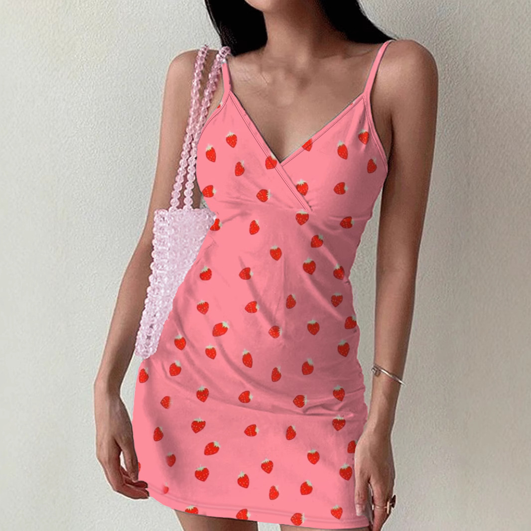 2025 New Summer European and American Cross-Border Valentine's Day Women's Pure Desire Strawberry Print Ribbed V Neck Suspender Dress