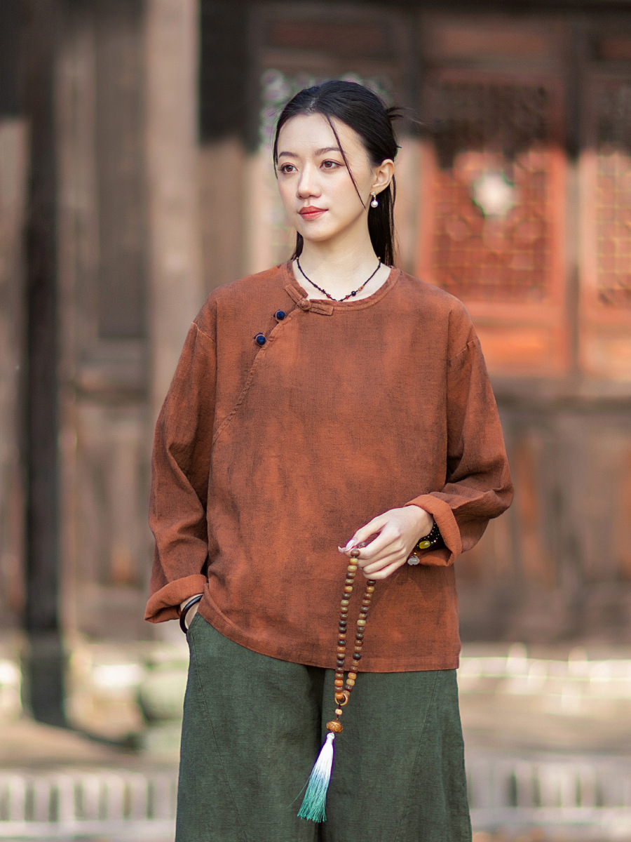 2026 Spring New Style National Style Retro Ramie Tie-Dye Round Neck Contrast Color Button-Up Shirt Top Women's T-Shirt