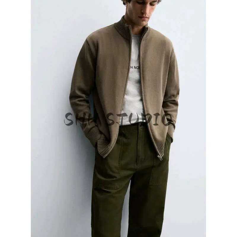 Autumn New Men's Clothing French-Style Ribbed Trim Slim-Fit Straight Zipper Stand Collar Knit Jacket 3920181
