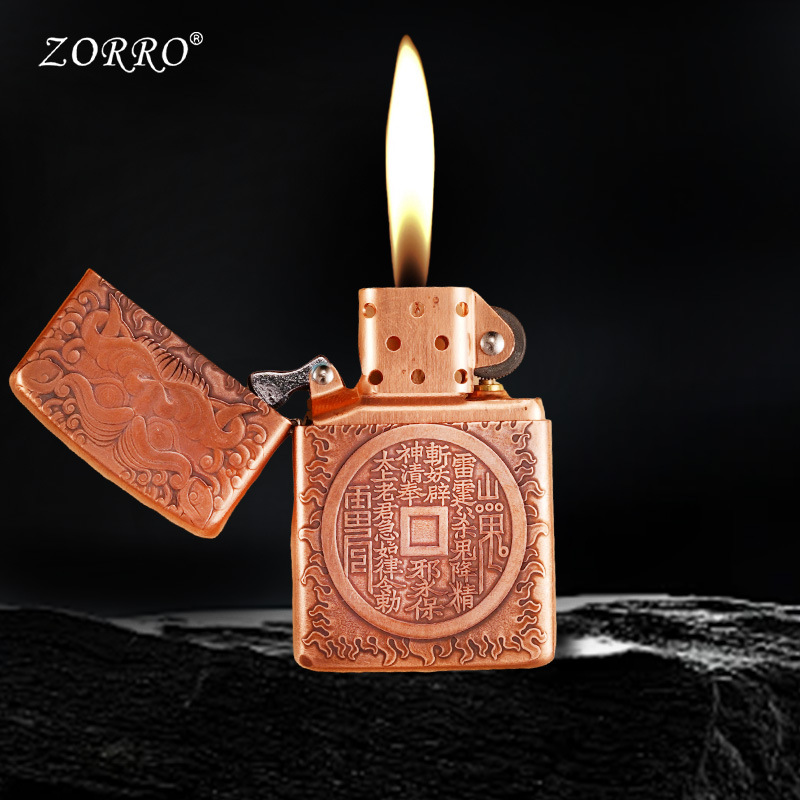 Zorro 902S Purple Copper Carved Pattern Thickeneded Copper Shell Kerosene Lighter Classy Gift Grinding Wheel Windproof Lighter