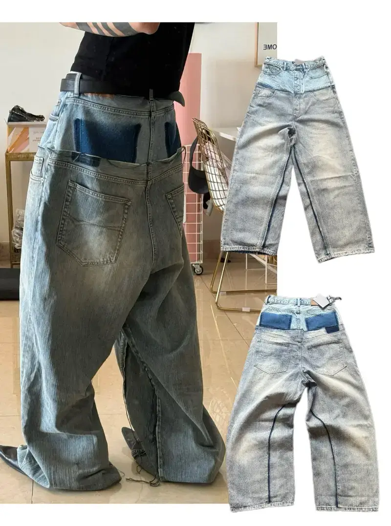 B/L B Brand Ss24 Distressed Patchwork Pocket Loose Fit Washed Blue Wide-Leg Jeans Unisex Long Pants