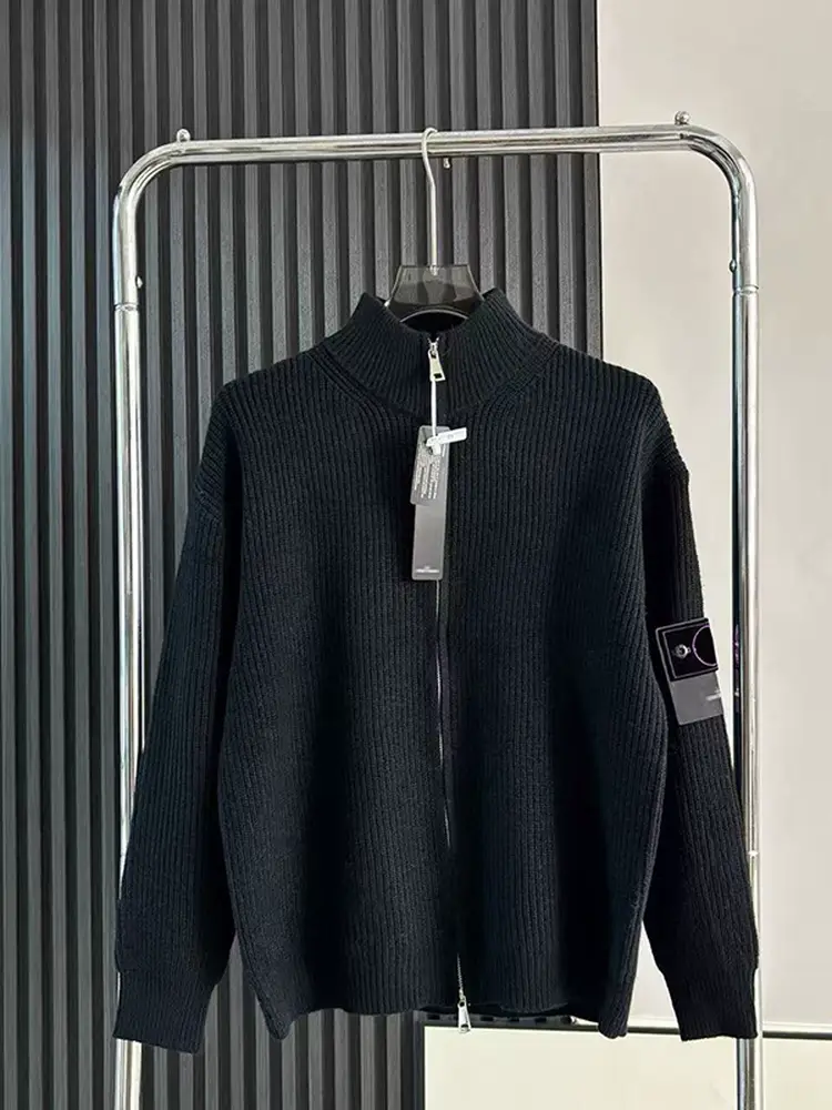 Yfstone Trendy Stone Zipper Open-Front Stand Collar Sweater, Loose and Versatile, Simple Unisex Style Knitwear