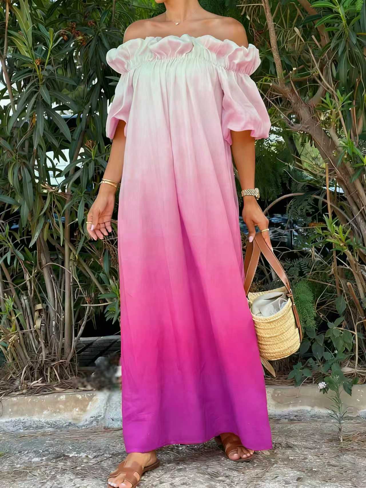 New Gradient Color One-Shoulder Puff Sleeve Dress, Loose Fit, Slimming, Elegant, Resort-Style Long Dress for Women