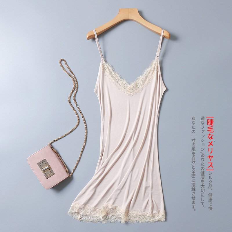 Spring and Summer Camisole Silk Knitted Sexy V-Neck Lace Midi Base Skirt Nightdress All-match Inner Petticoat