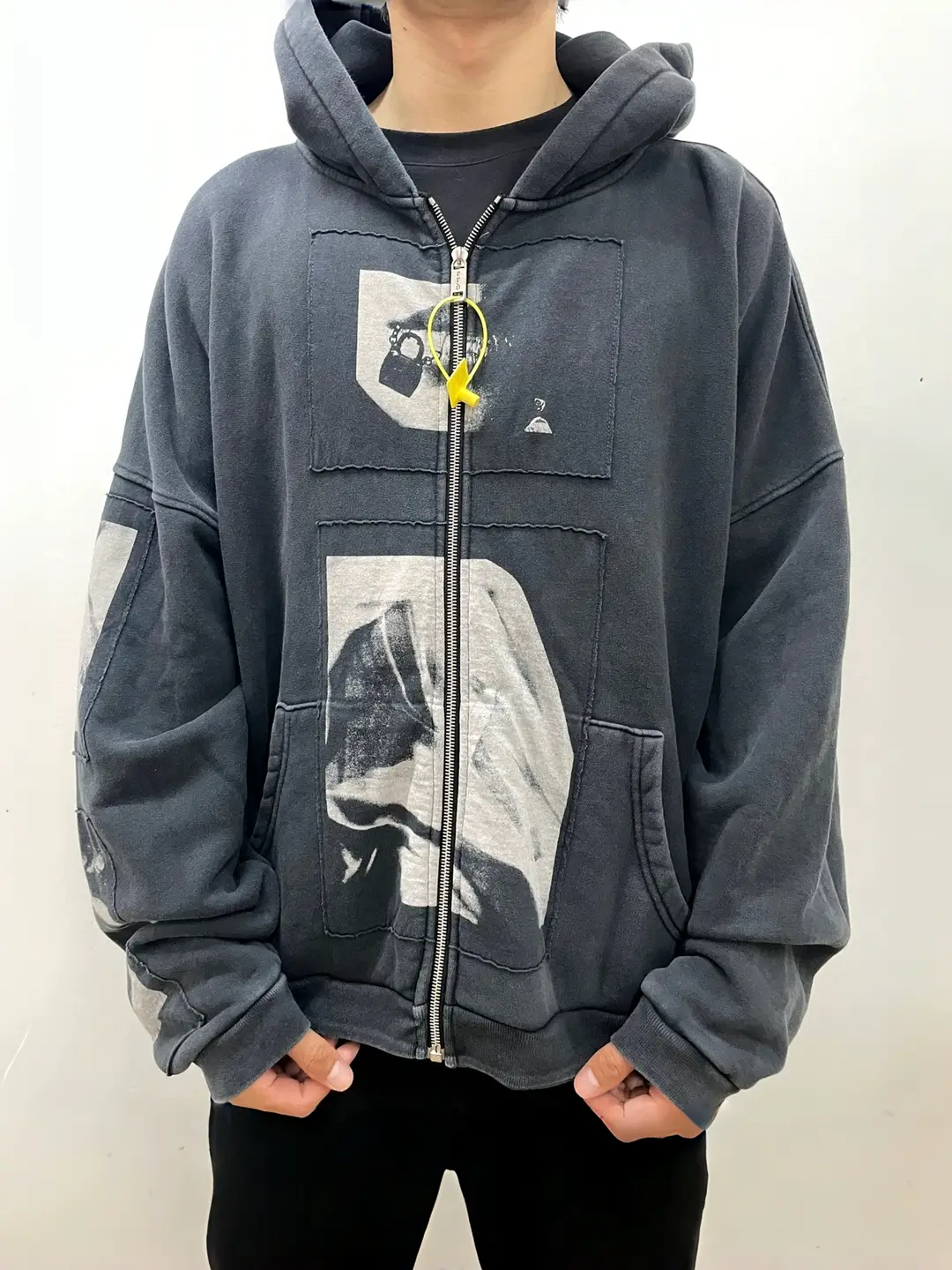 Erd Melancholic Rich Second-Generation American-Style Heavy-Duty High-Street Madonna Patch Distressed Loose Zipper Hoodie for Men
